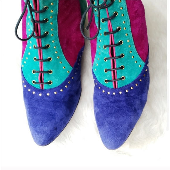 Multicolored Suede Color Block lace Ankle Booties - Picture 9 of 9